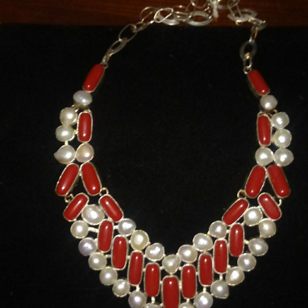 Coral & Pearl Sterling Silver Necklace
